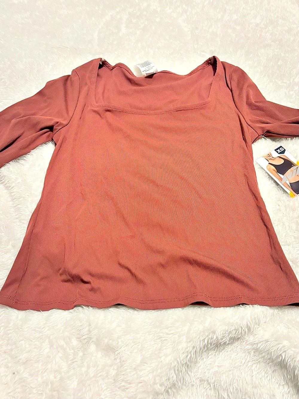Avia Women's Square Neck Ribbed Long Sleeve Top Brown XS